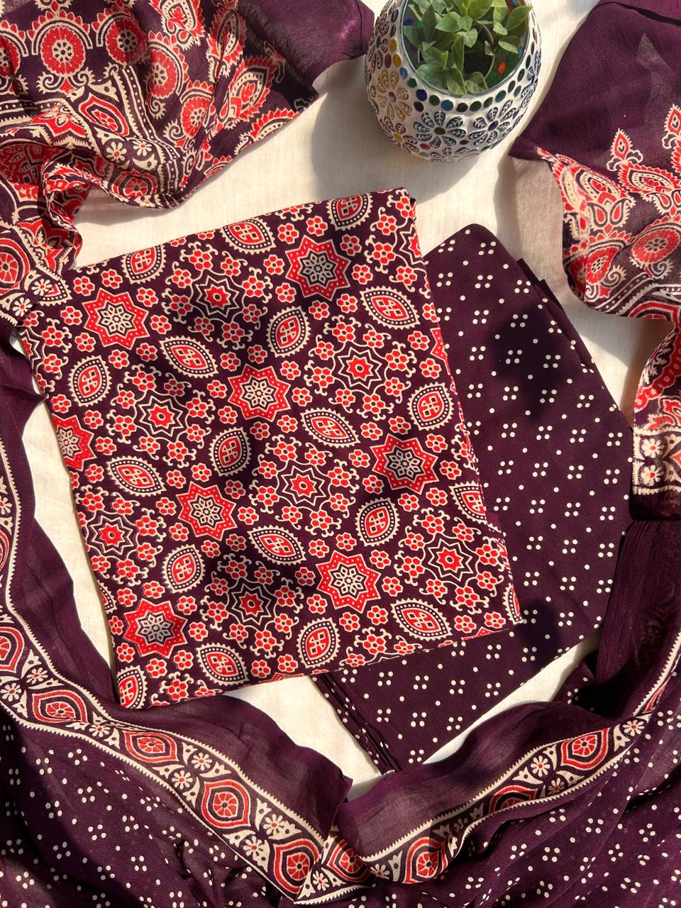 Unstitched Ajrakh printed rayon set