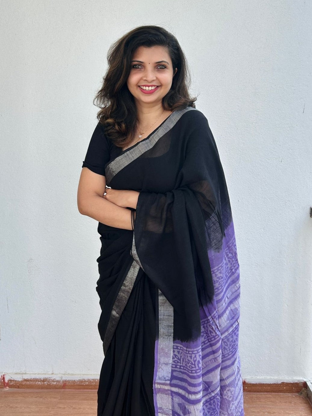 Linen cotton saree in hand block prints