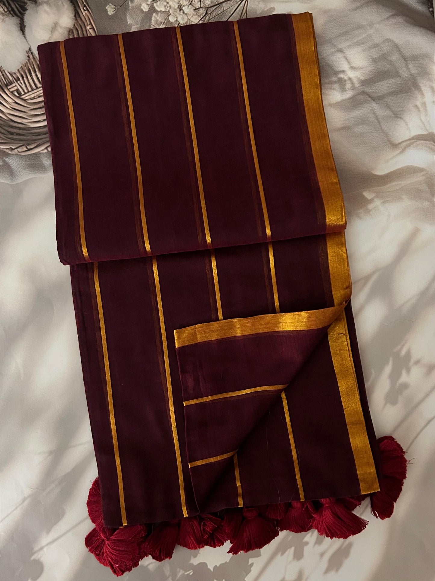 Coffee brown Mul mul saree with zari stripes