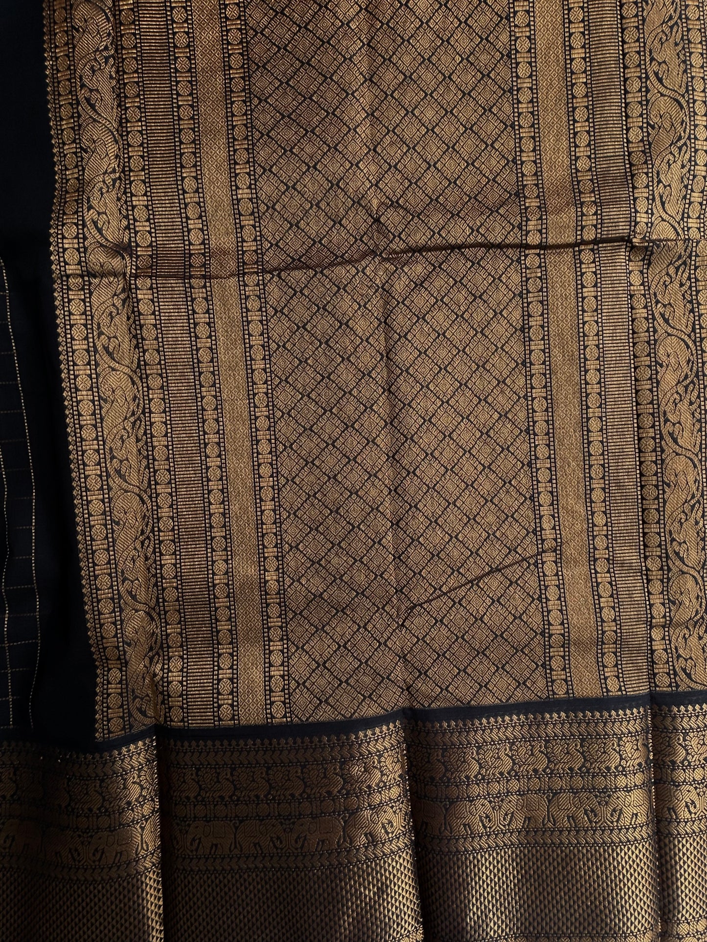 Black Kanchi cotton saree in kattam weaves & grand pallu