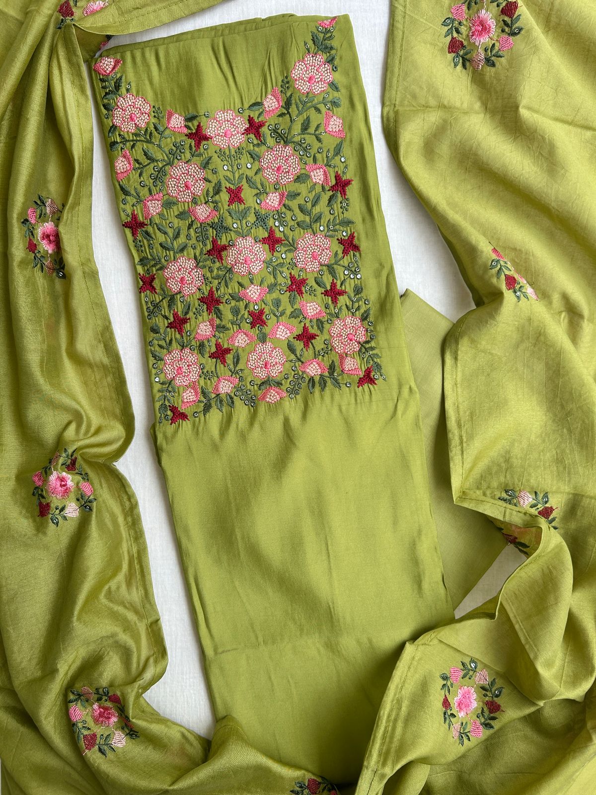 Unstitched Cotton silk set embroidered