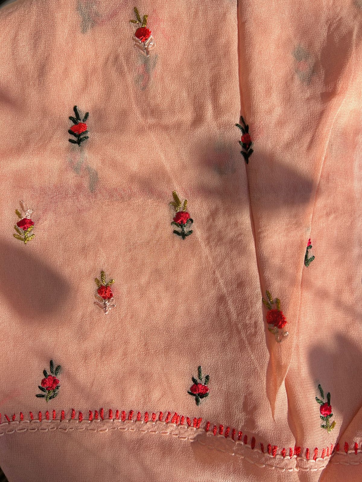 Peach Georgette kantha embroidered set