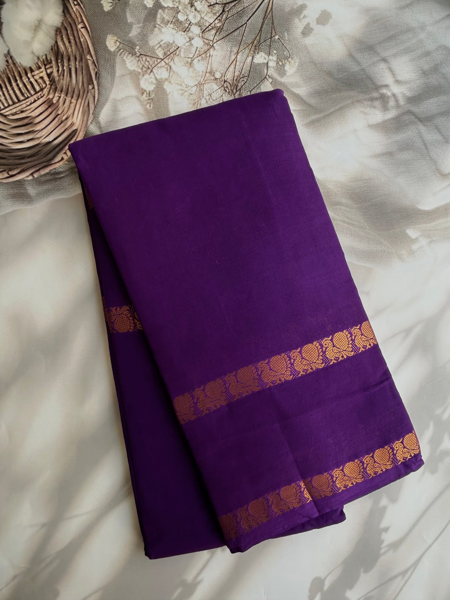 Sungudi Cotton saree with peacock border Purple
