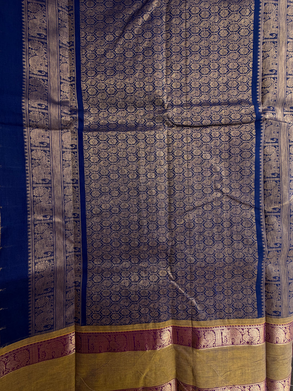 Kanchi cotton saree in 1000 buttas & zari check weaves with grand pallu blue