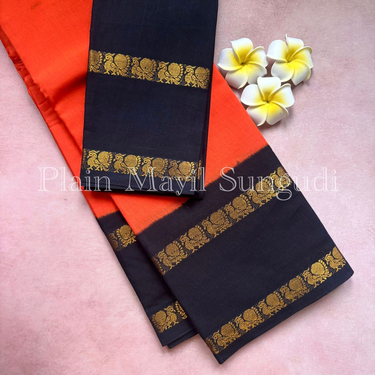 Sungudi Cotton saree with contrast border orange with black border