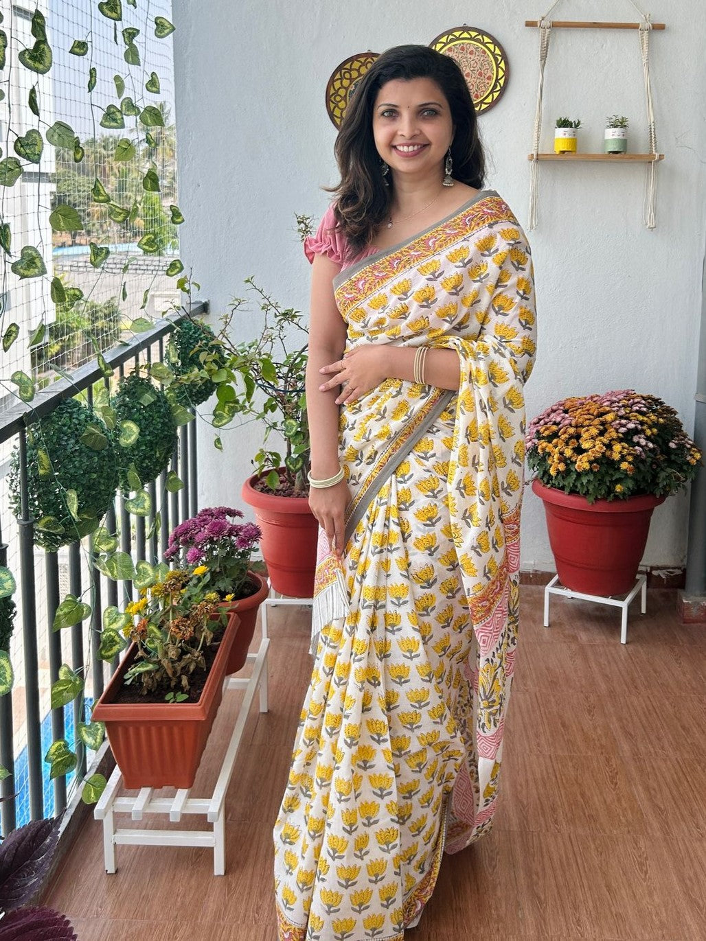 Hand block printed mul mul saree