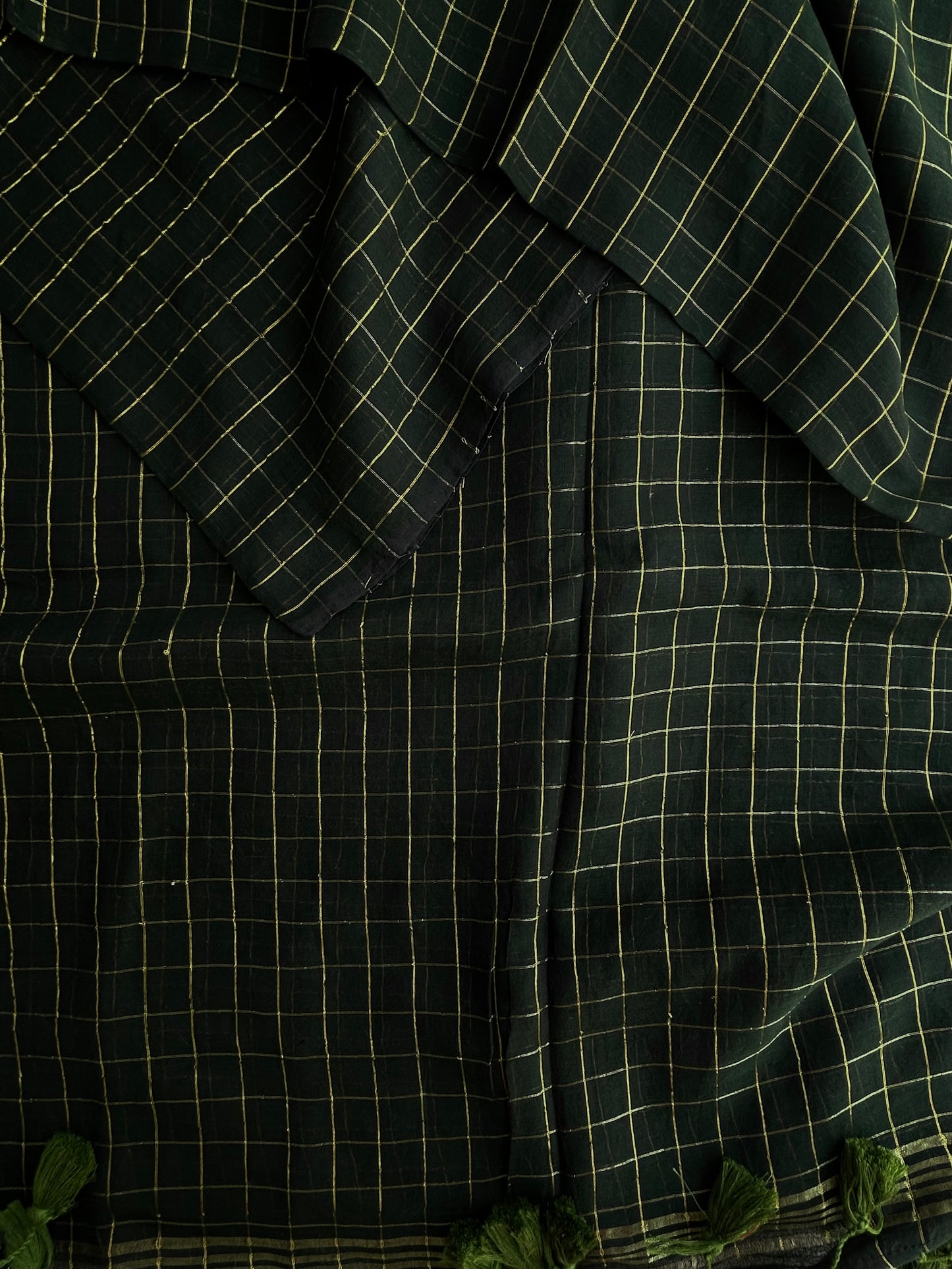 Green Mul mul saree in zari checks