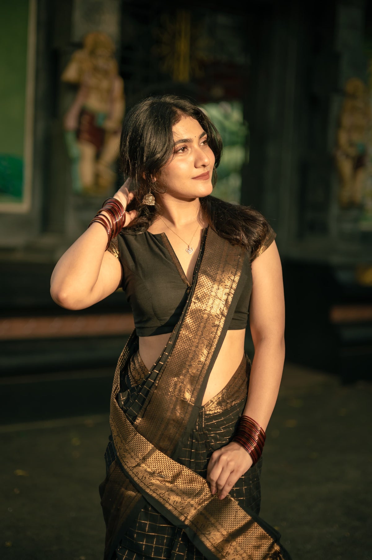 Black Kanchi cotton saree in kattam weaves & grand pallu