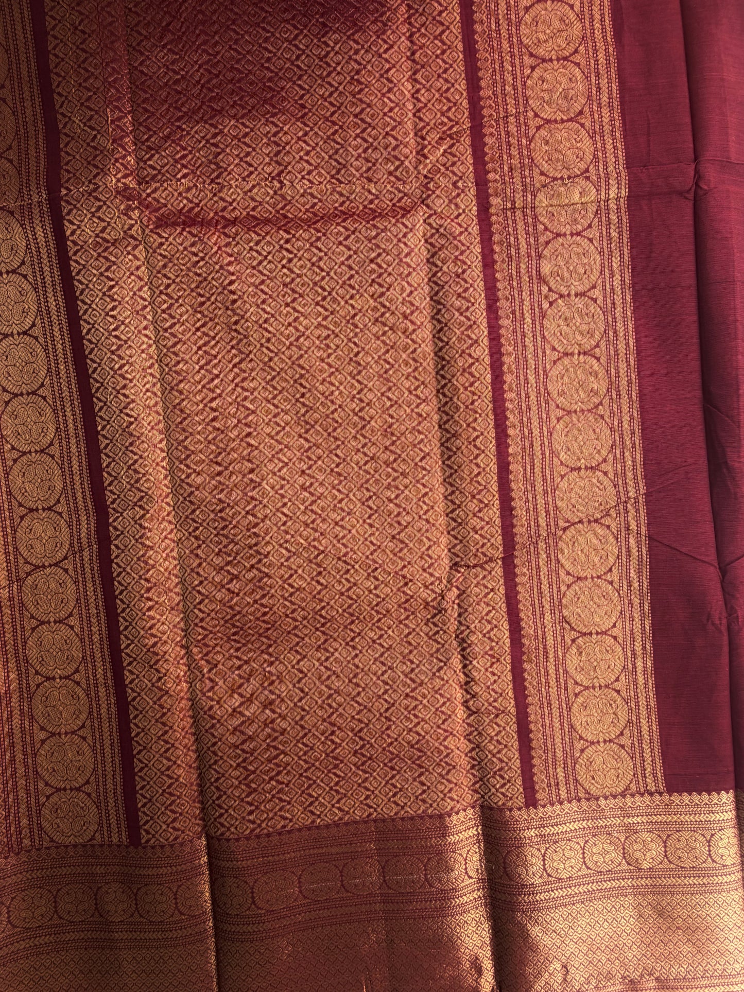 Kanchi cotton saree in checks & butta weaves & grand pallu maroon