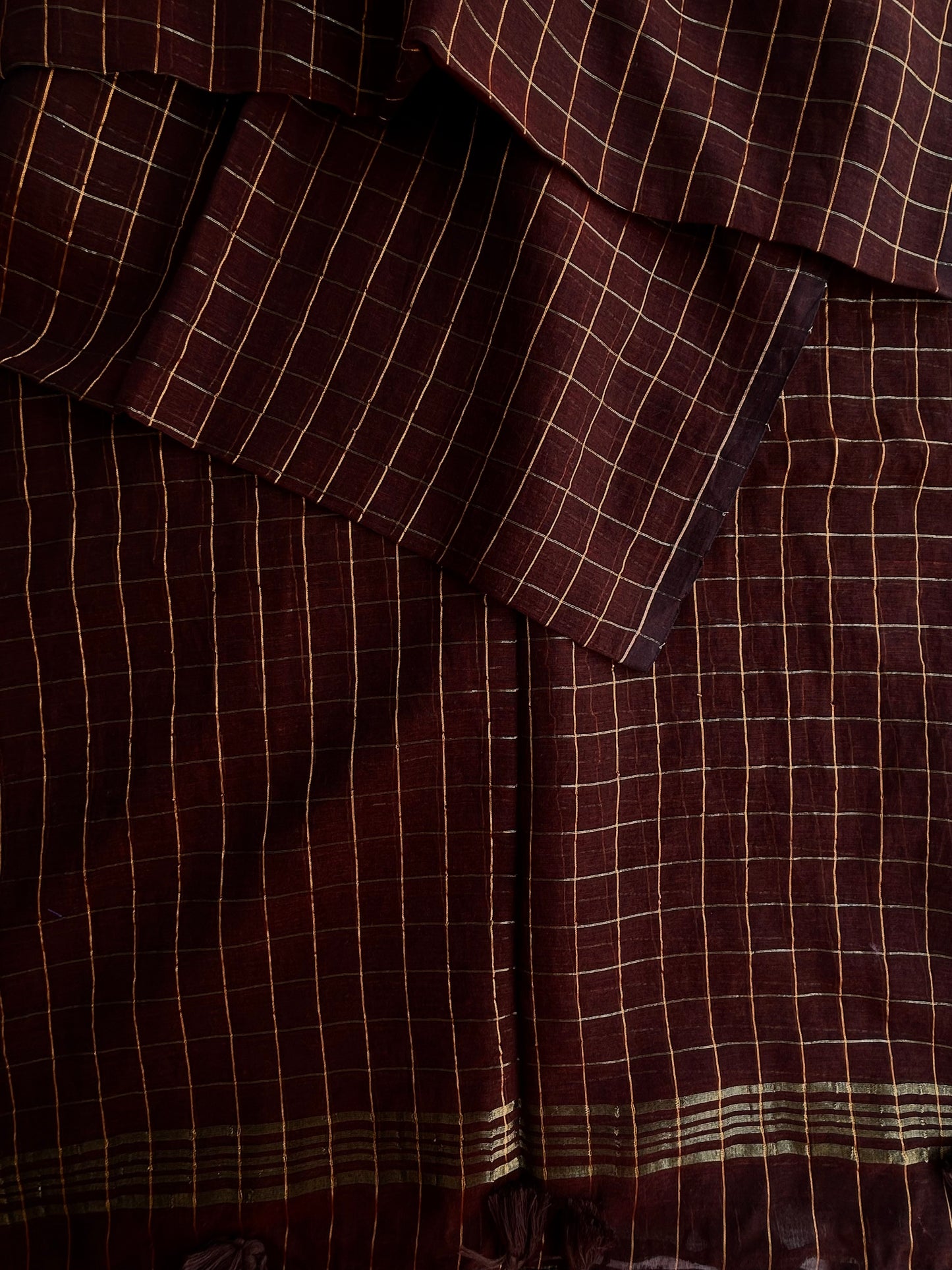 Brown Mul mul saree in zari checks