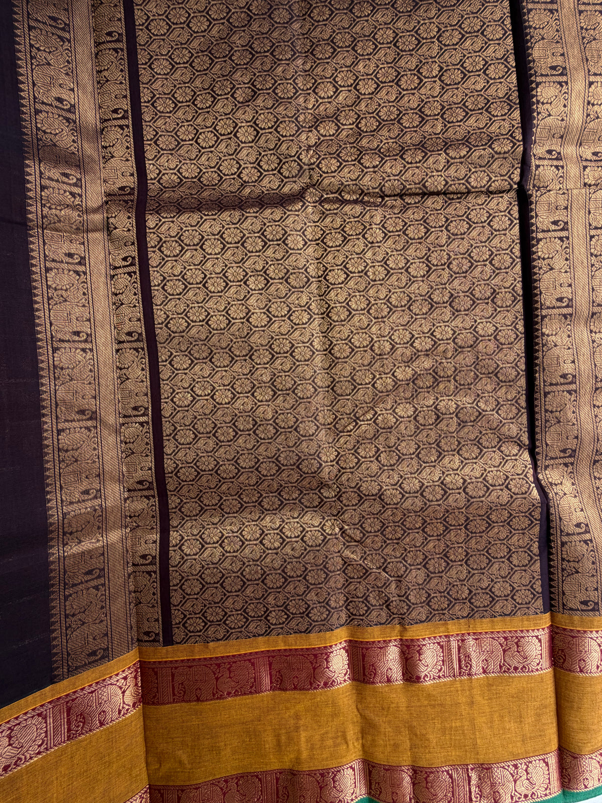 Kanchi cotton saree in 1000 buttas & zari check weaves with grand pallu brown
