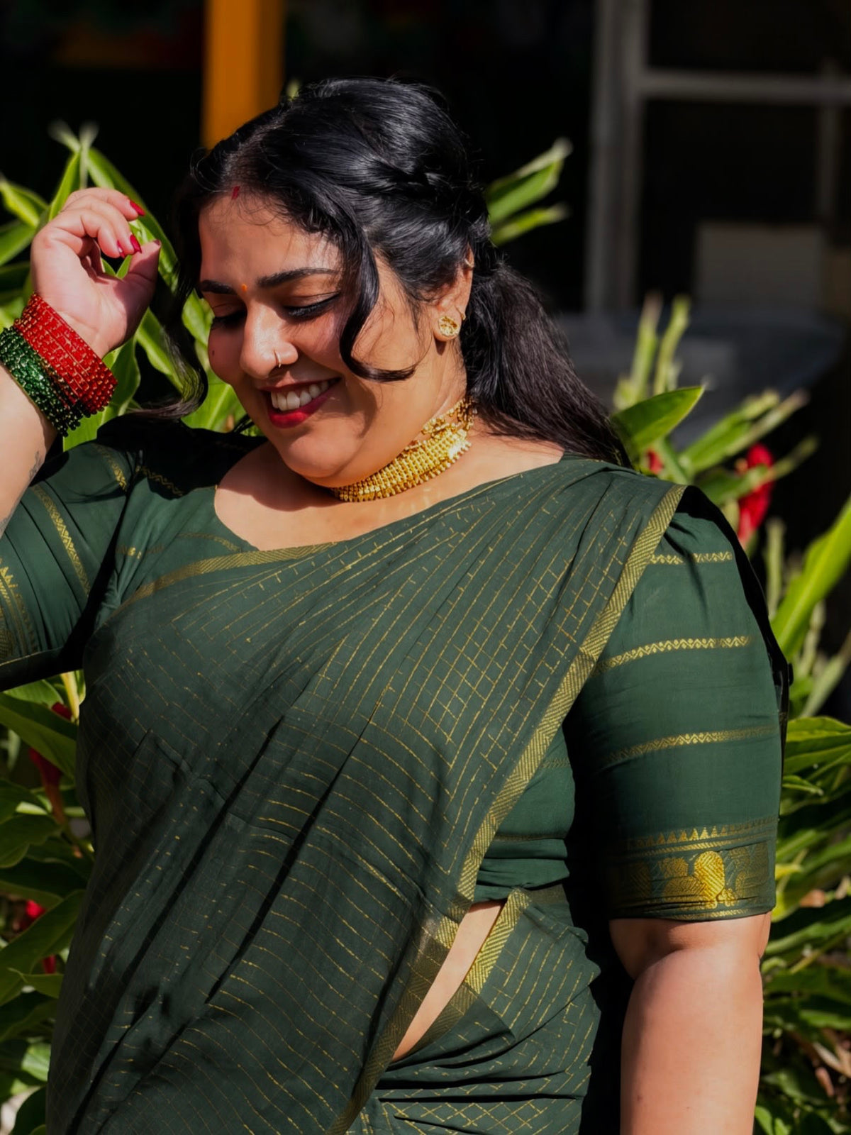Sungudi cotton saree in checks - green