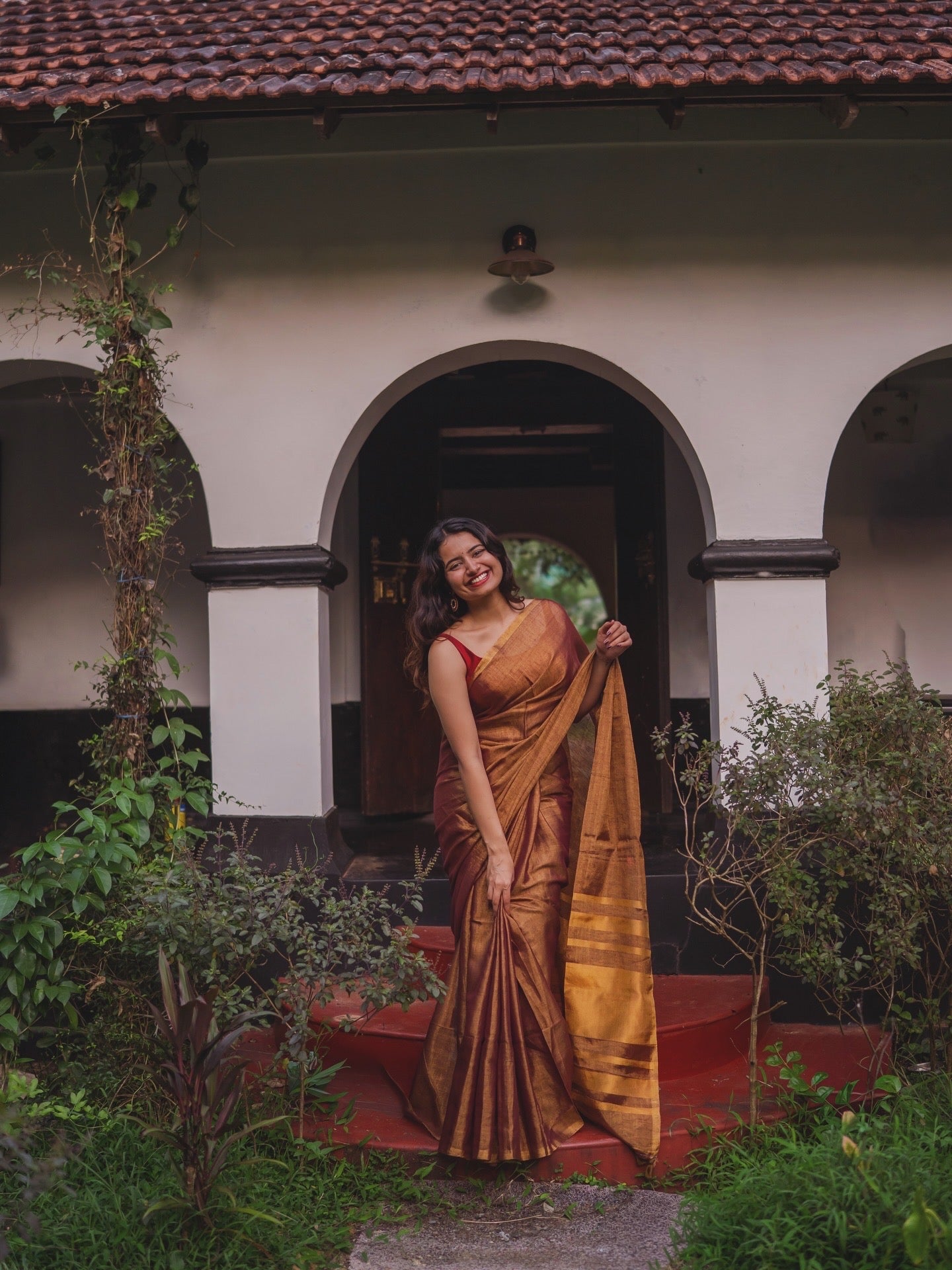 Handloom Tissue linen saree - brown