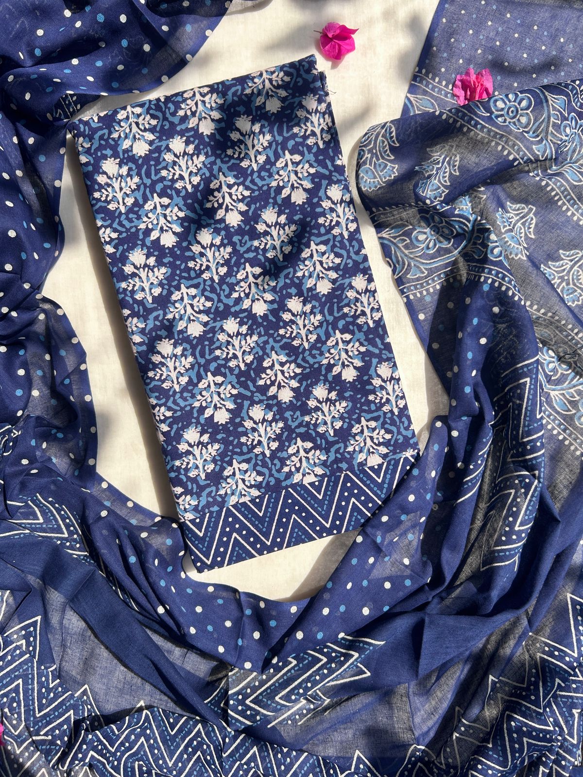 Unstitched Indigo cotton suit set
