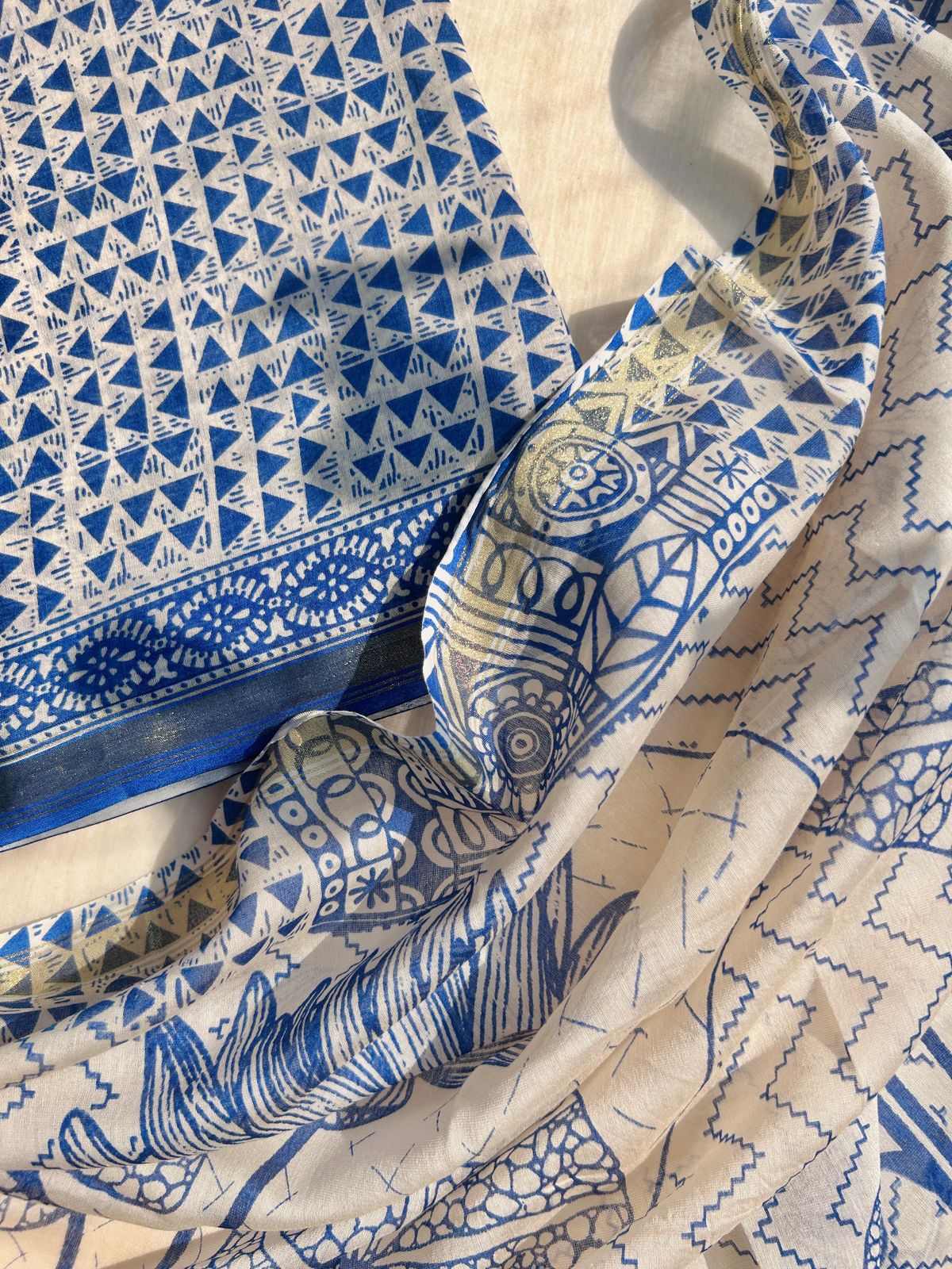 Unstitched Indigo Cotton silk set