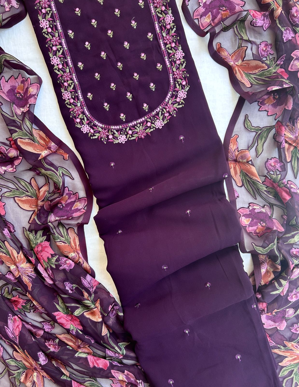 Unstitched embroidered georgette suit