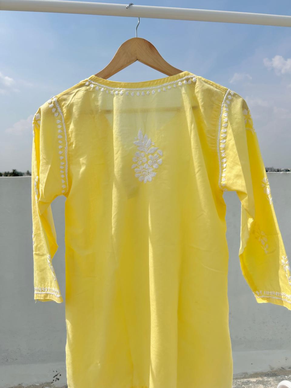 Cotton Chikankari short kurti - Yellow