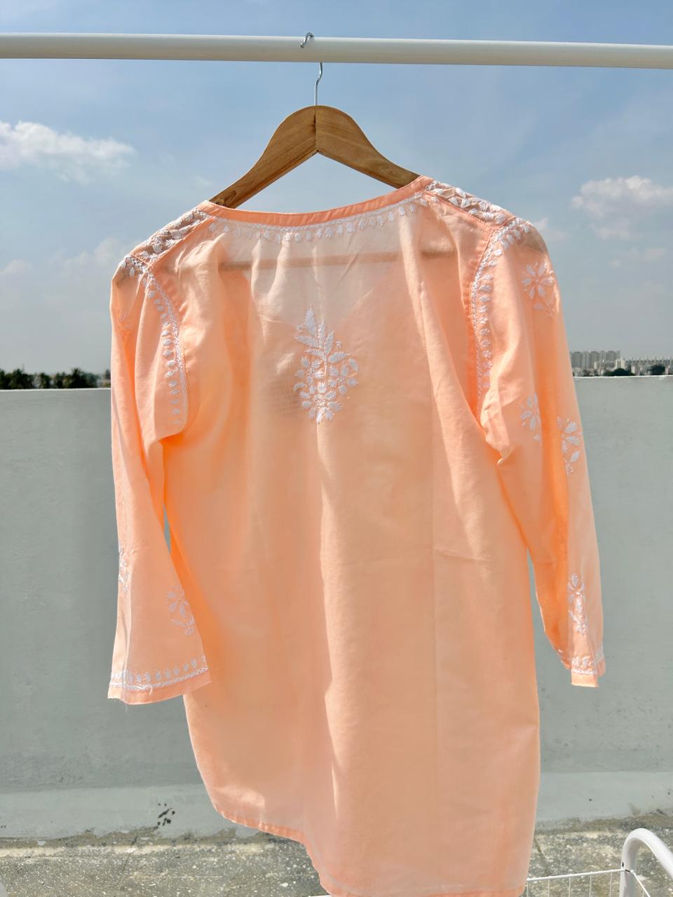 Peach Cotton Chikankari short kurti