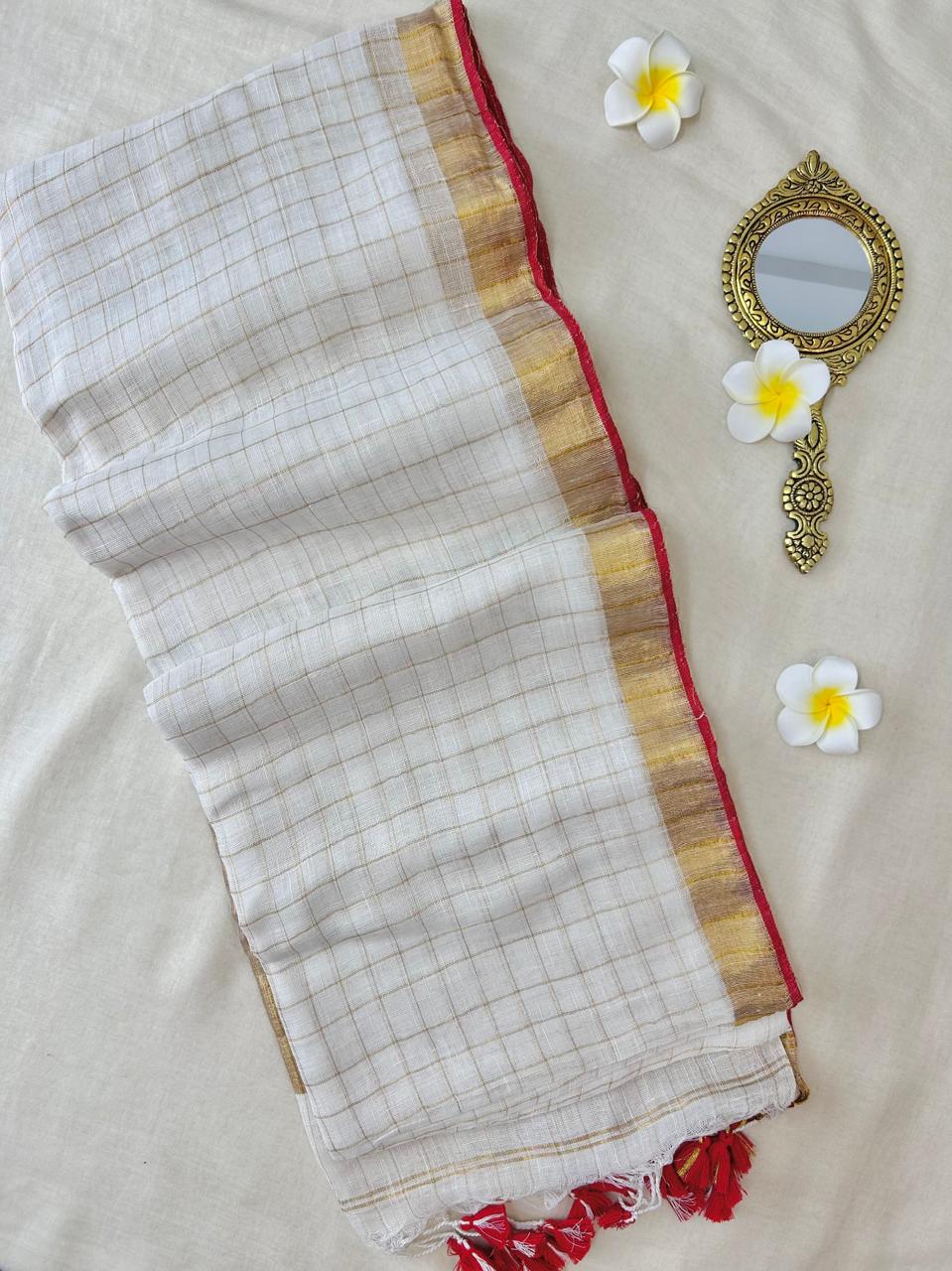 Handloom linen saree with red border