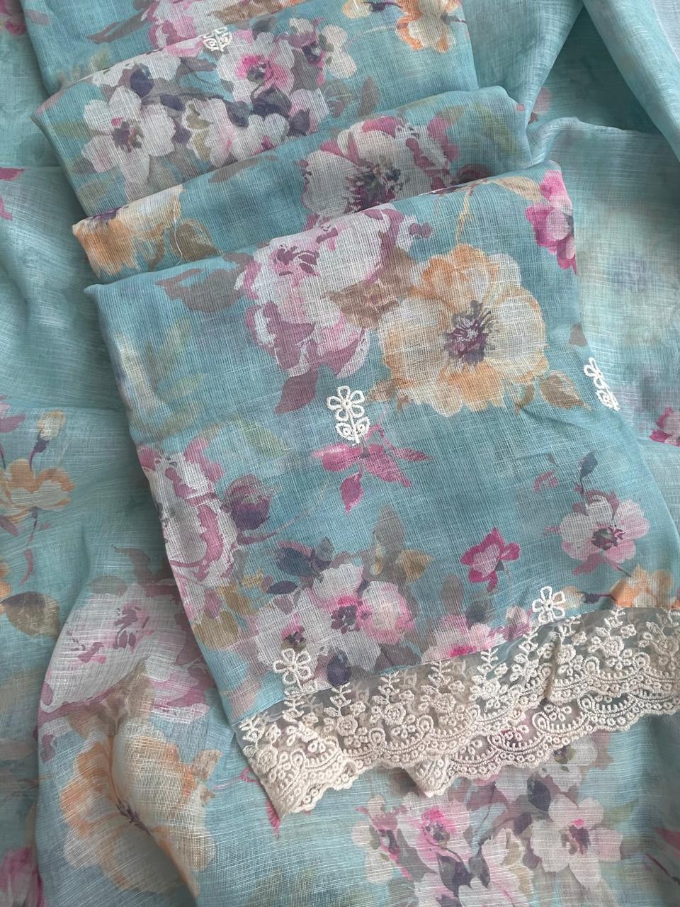 Unstitched Linen dress material set with laces