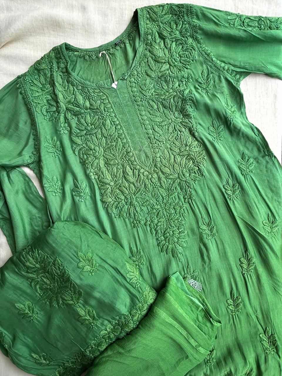 Muslin Chikankari handwork kurta set - Green
