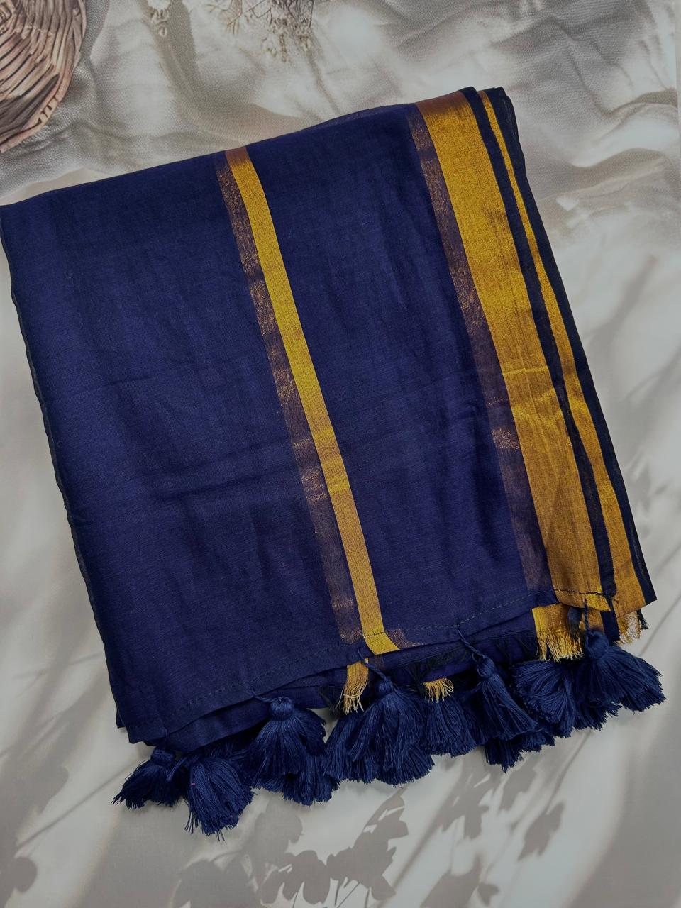 Blue Mul mul saree with zari border