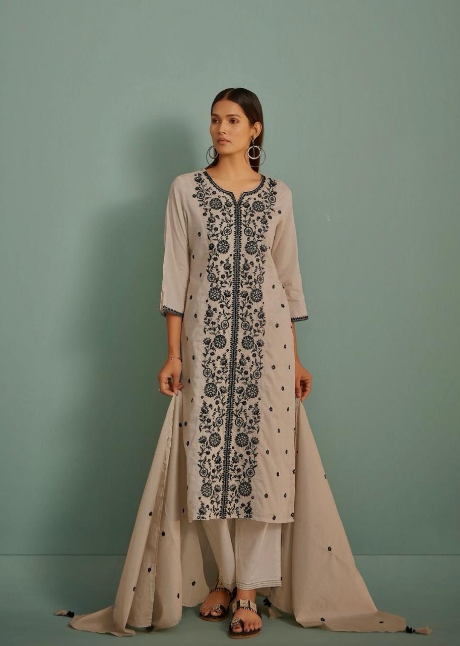 Beige Embroidered Cotton Kurta set
