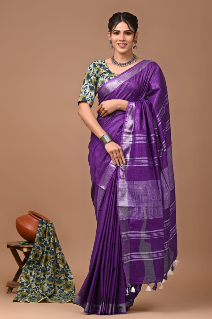 Plain linen saree with block printed blouse