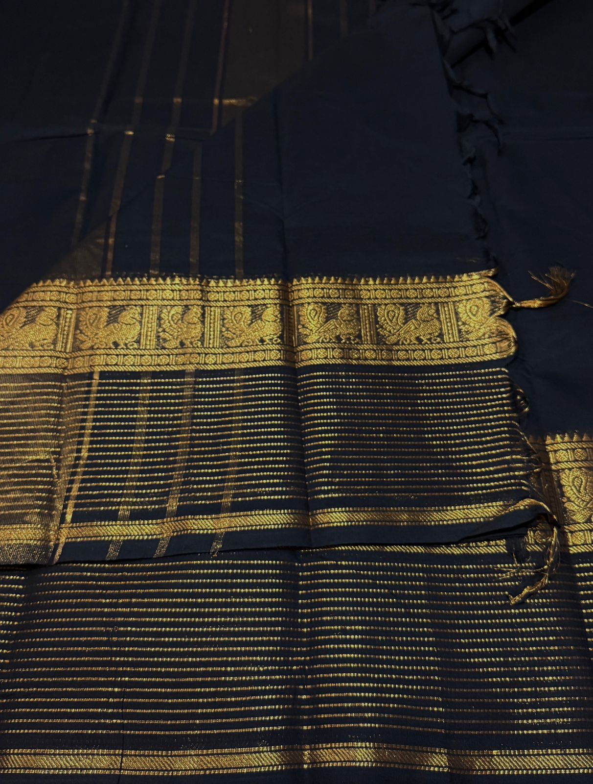 Black Kanchi cotton saree with zari lines border