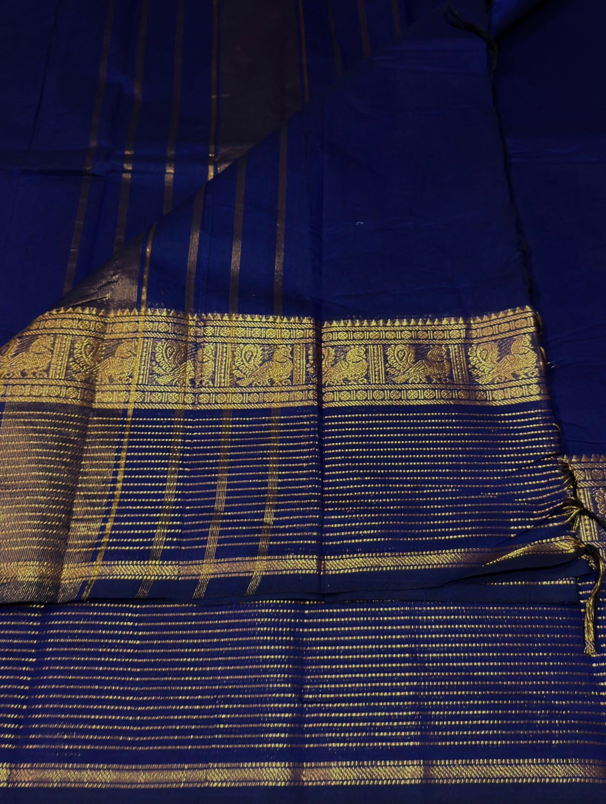 Royal blue Kanchi cotton saree with zari lines border