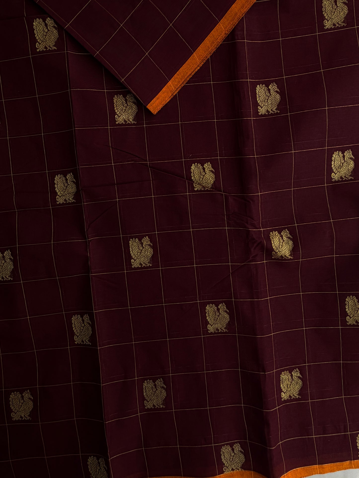 Kanchi cotton with zari weaves and grand pallu - brown with mustard border