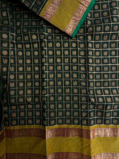 Kanchi cotton saree in 1000 buttas & zari check weaves with grand pallu Green