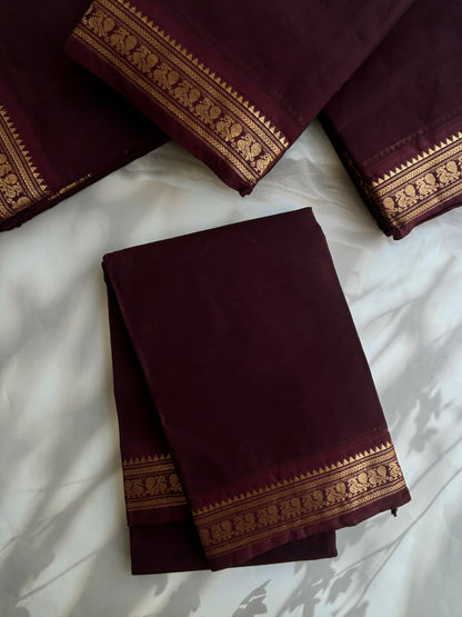 Kanchi cotton saree with minimal zari border brown