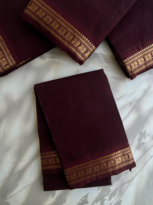 Kanchi cotton saree with minimal zari border brown