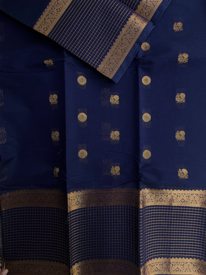 Kanchi cotton with zari butta weaves with kattam border and grand pallu blue