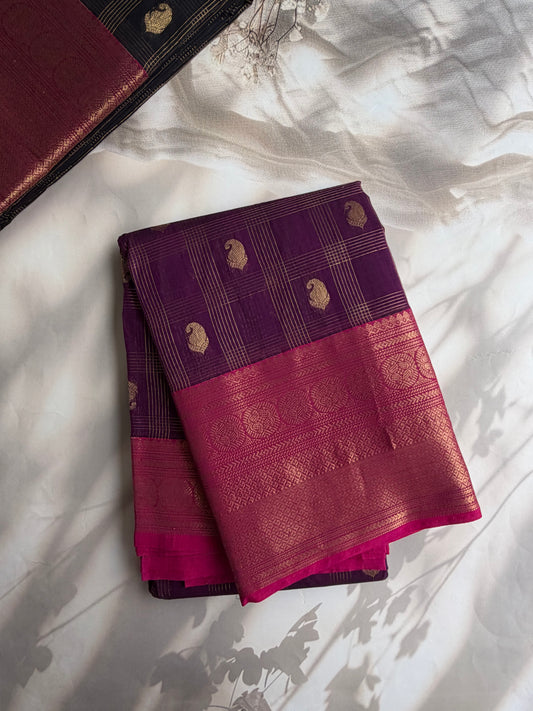 Kanchi cotton saree with zari checks & butta weaves & grand pallu