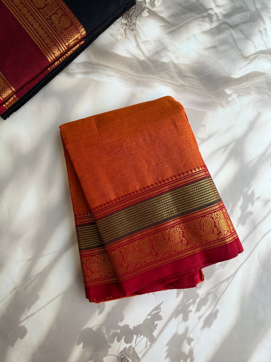 Orange Kanchi cotton saree with zari weaves