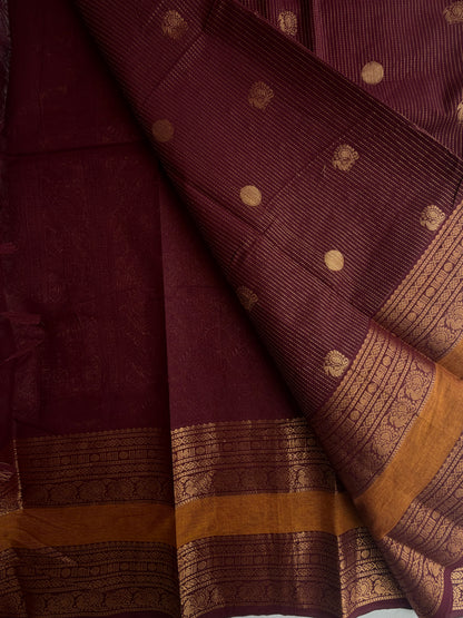 Kanchi Cotton saree with vairaoosi & butta weaves with grand pallu brown