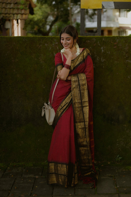 Kanchi cotton saree with rettapett border maroon with black border