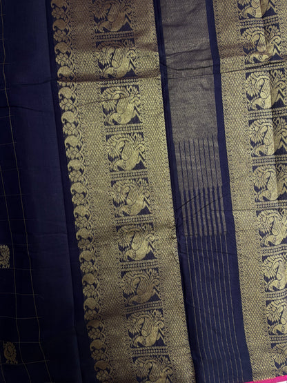 Kanchi cotton with peacock zari checks & butta weaves and grand pallu