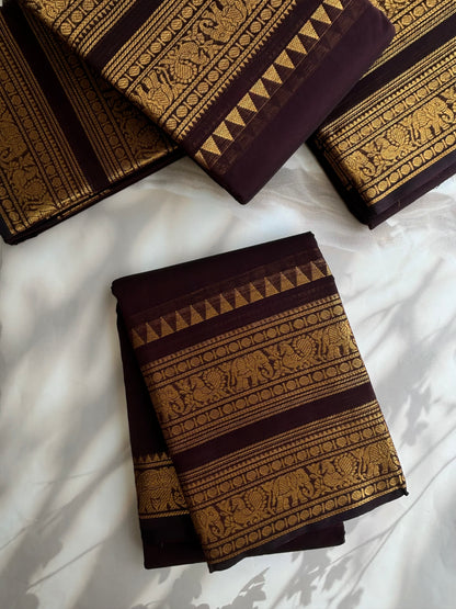 Kanchi cotton saree with rettapett border - Coffee brown