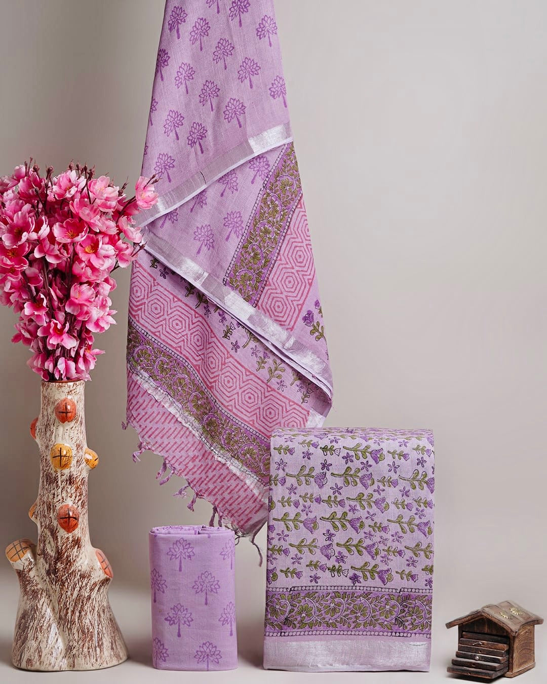 Unstitched linen sets in blockprints