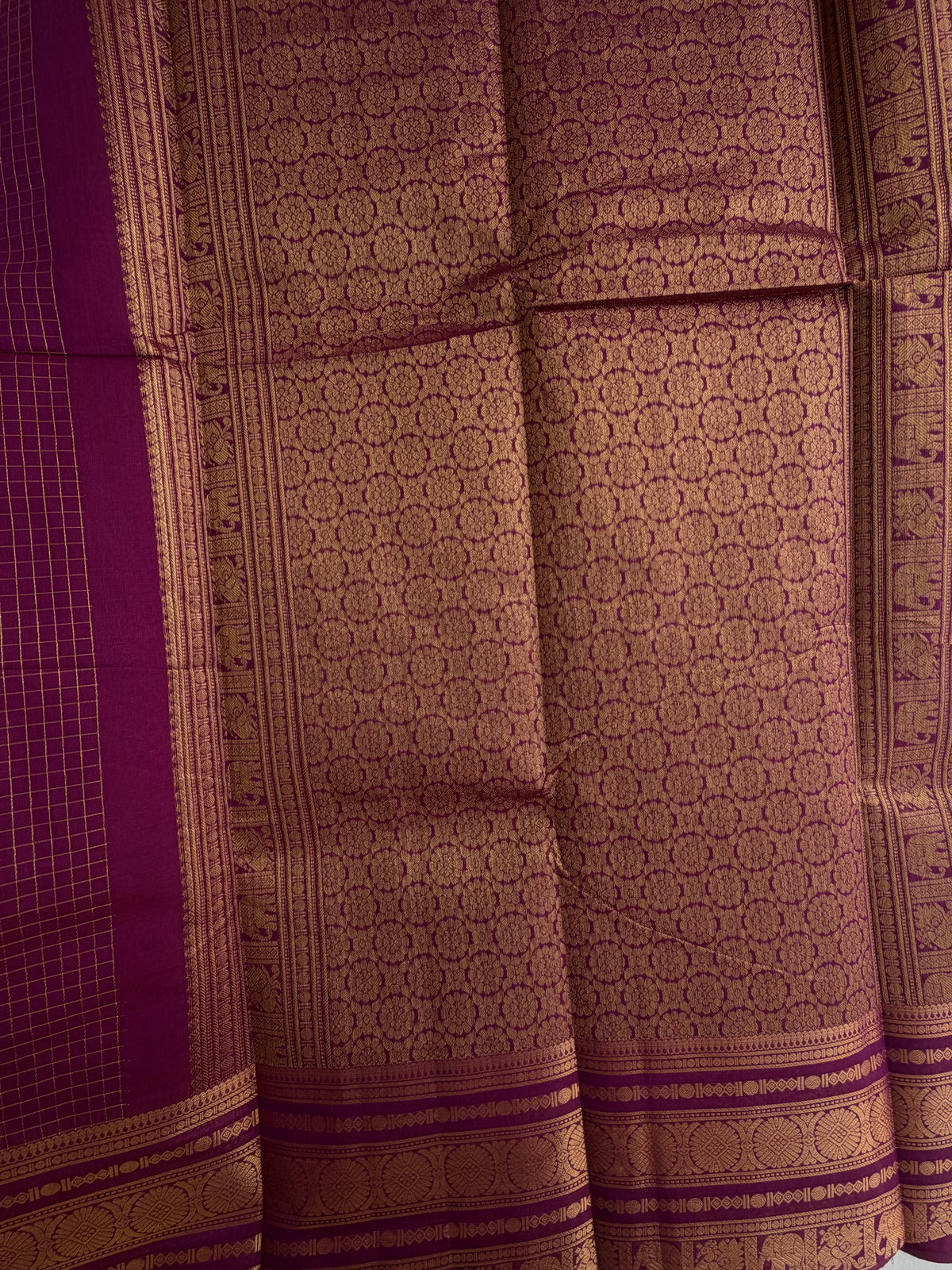 Kanchi cotton saree in checks & butta weaves with a grand pallu - majenta