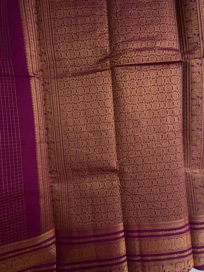 Kanchi cotton saree in checks & butta weaves with a grand pallu - majenta