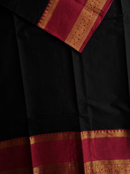 Kanchi cotton saree with zari border - black & maroon