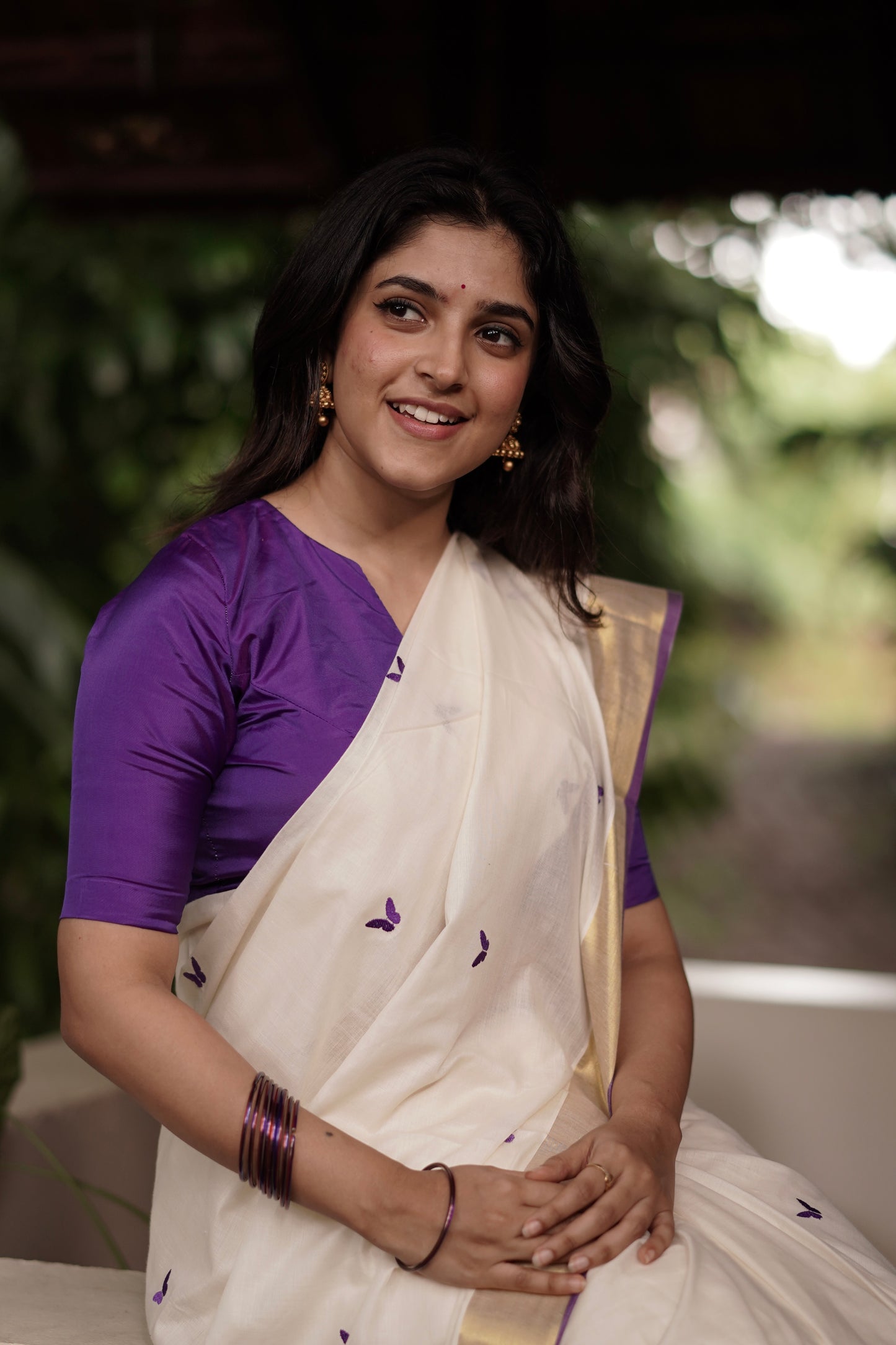 Kasavu saree in embroidery - Russian violet