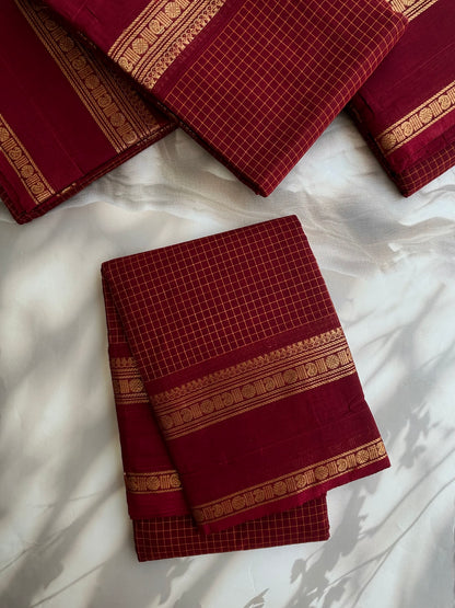 Maroon Kanchi cotton saree in kattam pattern