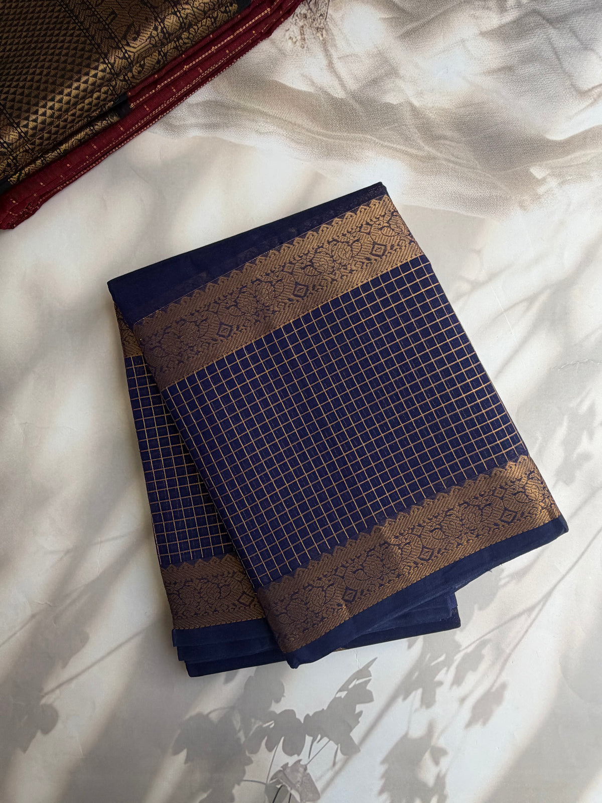 Kanchi cotton with zari butta weaves with kattam border and grand pallu blue