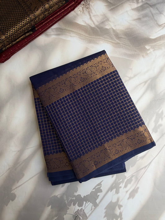 Kanchi cotton with zari butta weaves with kattam border and grand pallu blue