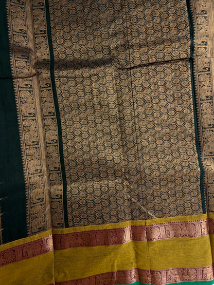 Kanchi cotton saree in 1000 buttas & zari check weaves with grand pallu Green
